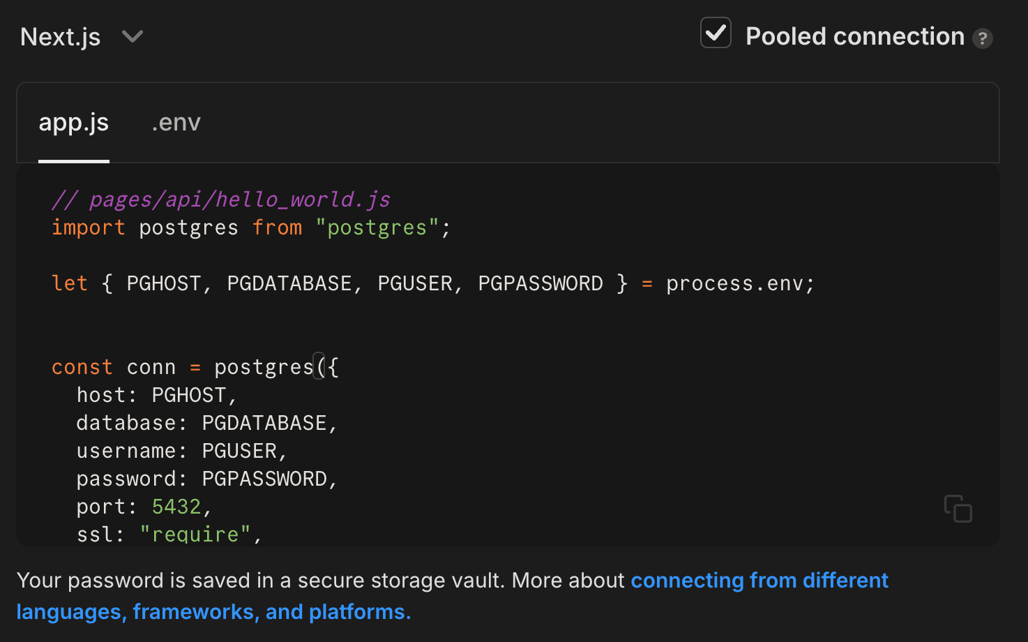 Next.js connection snippet from the Connection details widget on the Neon Dashboard